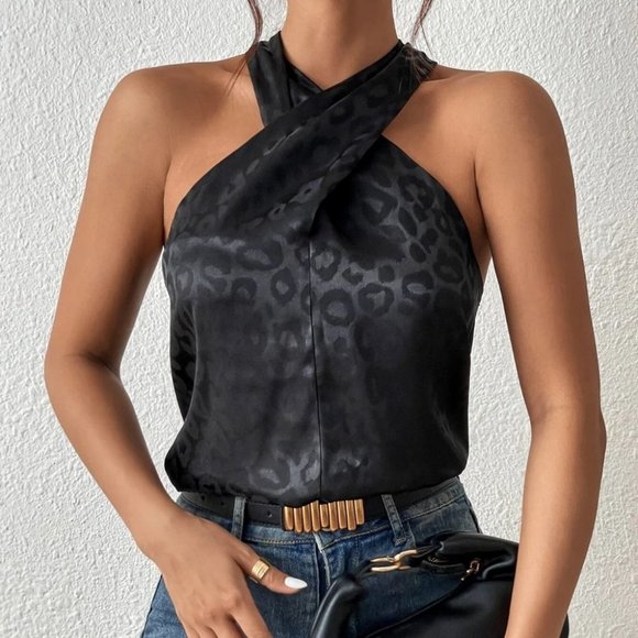 . Tops - Luxe leopard print Satin Halter Top